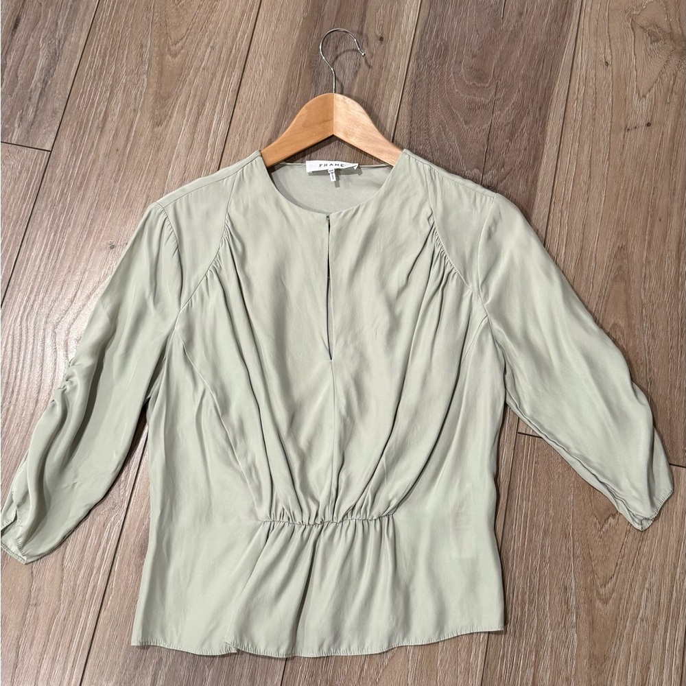 FRAME SHIRRED KEYHOLE SILK BLOUSE Shirt Top Size S